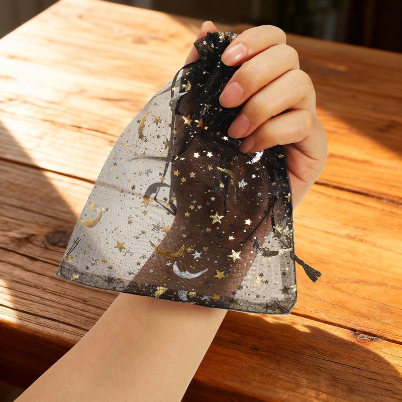 SUNGULF 100Pcs 5x7 Inches Sheer Drawstring Organza Bags Stars and Moon Wedding Party Favor Jewelry Candy Gift Pouches (Black) - Image 3